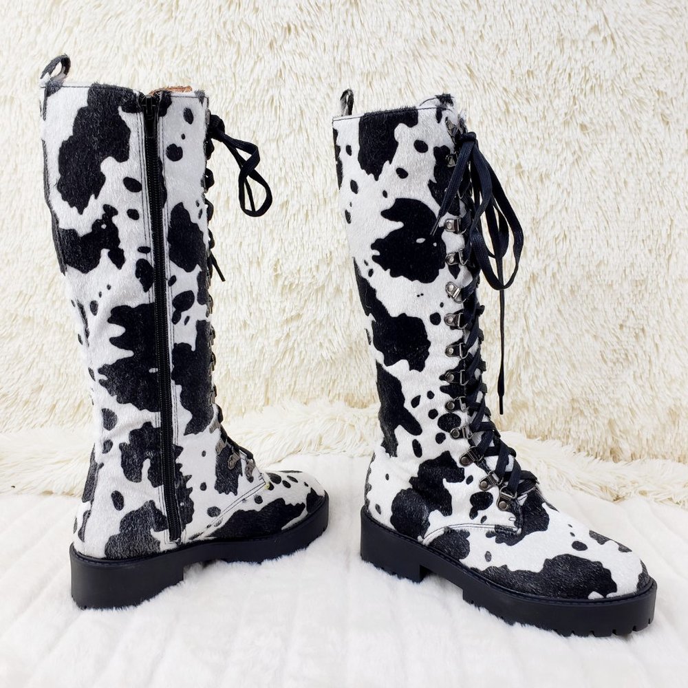 Savage Cow Combat Lace Up Knee Boots Faux Cow Print Brand New - Picture 3 of 17